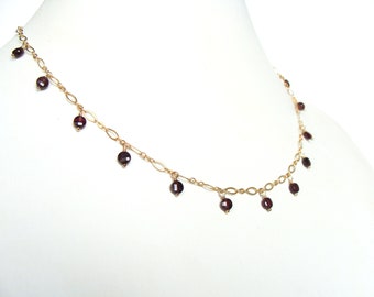 Garnet drops necklace, dainty, goldfill, handmade, length adjusts 15.5-17.25 inches
