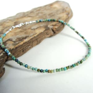 Super slim turquoise anklet, fine and sterling silver, 3mm faceted turquoise strand, handmade, 10.5 inches