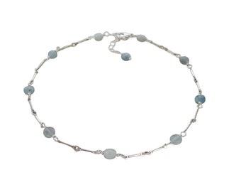 Aquamarine anklet, sterling silver, dainty, pale blue stones, adjustable, handmade, something blue