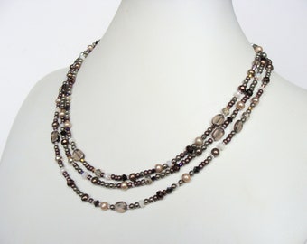 Extra long beaded necklace, brown gold bronze tones, genuine pearls smoky quartz pyrite, Czech glass, crystals, 55 inches, multistrand