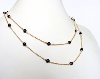 Long black pearl station chain, gold pearl necklace, tin cup necklace, 35 inches, goldfill, dainty, 4.5-5mm pearls