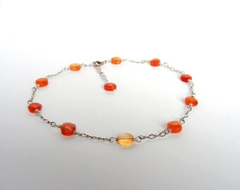 Carnelian anklet, sterling silver, mandarin orange stones, adjustable length, handmade