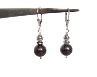 Pearl earrings, 9mm, chocolate brown pearls. sterling and Argentium silver, lever back ear wire, everyday style