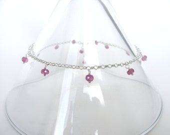 Pink sapphire anklet, sterling silver, gemstone drops all around, adjustable length 9.5- 10.5 inches, handmade, Let Loose Jewelry