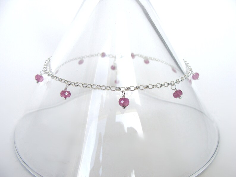 Pink sapphire anklet, sterling silver, gemstone drops all around, adjustable length 9.5 10.5 inches, handmade, Let Loose Jewelry image 1