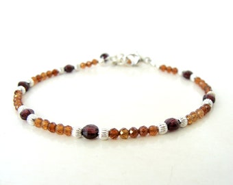 Garnet bracelet, genuine red and orange garnets, very slim dainty, sterling silver, 7 to 7.25 inches, Let Loose Jewelry, handmade