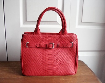 Red handbag, Isabella Adams purse, alligator crocodile textured leather, structured, animal print lining
