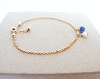 Dainty sapphire pearl gold bracelet, chain bracelet, goldfill, minimalist, 6.75 to 7.25 inches, layer stack, handmade bracelet
