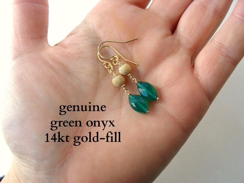 elegant lux combination Green onyx gold earrings style everyday to event 14kt gold-fill with genuine stones Let Loose Jewelry handmade