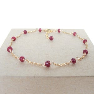 Gold ruby anklet, dainty red gemstone 14k goldfill, dainty resort summer style, July birthstone, handmade by Let Loose Jewelry