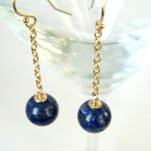 Long gold lapis earrings, lapis drops, natural, cobalt blue stones, goldfill, sleek style, handmade earrings