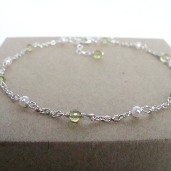 Dainty peridot and pearl anklet, sterling silver, 9-10 inches, 3mm light green peridot white pearls, handmade