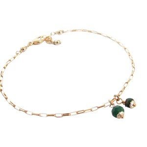 Goldfill chain bracelet with emerald black opal drops, slim dainty minimalist, 6.75 to 7.25 inches, layer stack, handmade bracelet