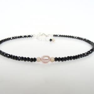 Black tourmaline anklet with pink pearl, sterling silver, adjustable 9-10 inches, genuine stones, handmade