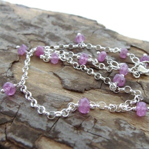 Pink sapphire anklet, sterling silver, gemstone drops all around, adjustable length 9.5 10.5 inches, handmade, Let Loose Jewelry image 4