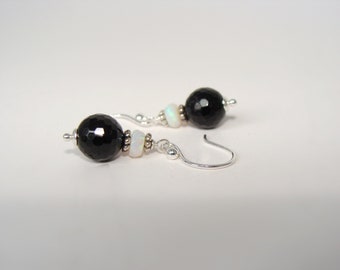 Black tourmaline opal earrings, dainty small drops, sterling silver, everyday style, handmade