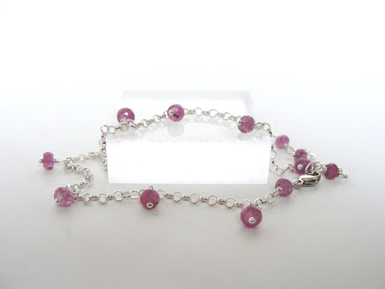 Pink sapphire anklet, sterling silver, gemstone drops all around, adjustable length 9.5 10.5 inches, handmade, Let Loose Jewelry image 2