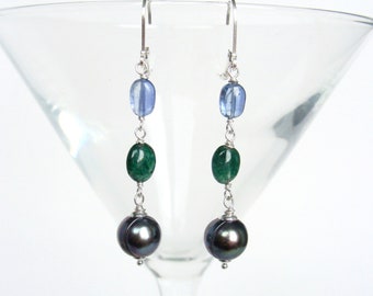 Kyanite adventurine pearl earrings, blue emerald green stones and black peacock pearls, sterling silver, linear, column earrings, handmade