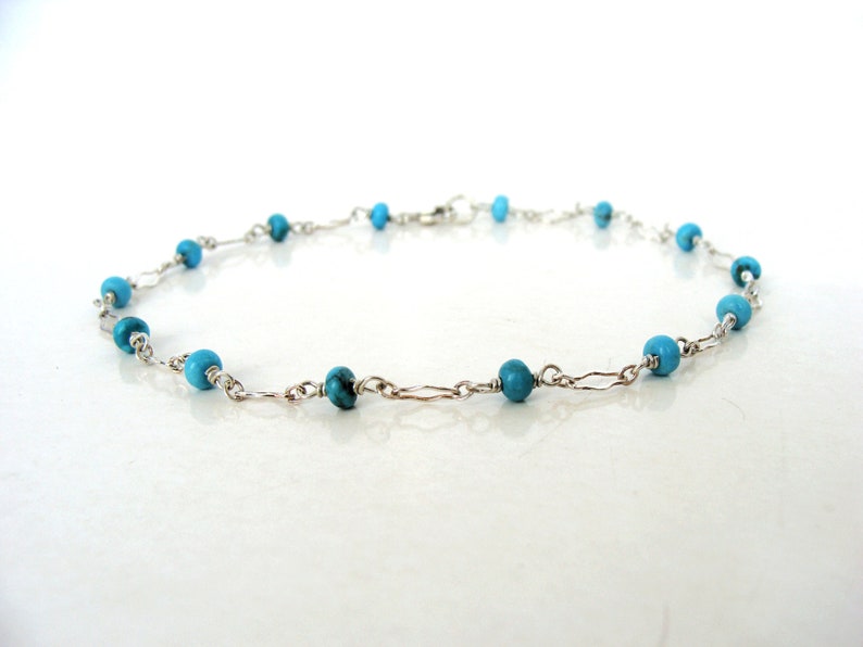 sterling silver genuine blue Arizona turquoise stations handmade Turquoise anklet fancy links summer jewelry style Let Loose Jewelry