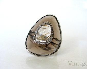 Smoky quartz ring, Huge! bold showstopper style, rutile quartz inlay, approx size 6.5, very cool unique ring, vintage ring