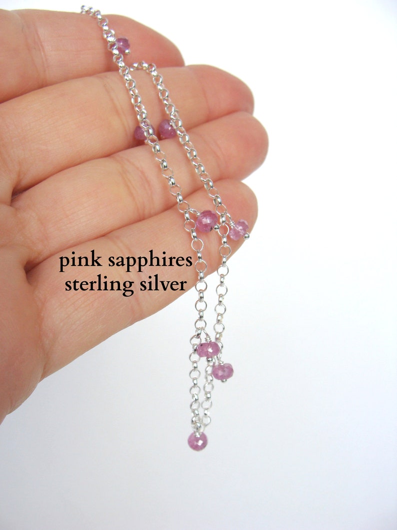 Pink sapphire anklet, sterling silver, gemstone drops all around, adjustable length 9.5 10.5 inches, handmade, Let Loose Jewelry image 3