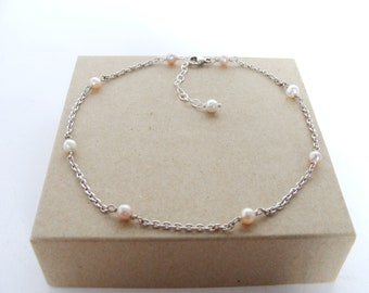 Dainty pastel pearl anklet, sterling silver, adjustable length, 10.5- 11.5 inches, large anklet, handmade, Let Loose Jewelry