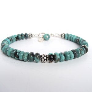 Turquoise bracelet, genuine turquoise sterling silver, blue-green 6mm stones, gemstone stack bracelet, Bali bead accents, 7.25 inches