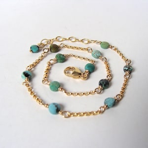 Gold turquoise anklet, goldfill, adjustable length, dainty summer style jewelry, handmade
