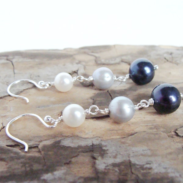 Ombre pearl earrings, white gray black pearl dangles, sterling silver, genuine pearls, handmade, Let Loose Jewelry, under 40, gift for her