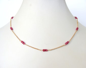 Ruby choker, gold ruby station chain necklace, 15-16 inches, slim, short necklace, very dainty layer, handmade, Let Loose Jewelry, for her