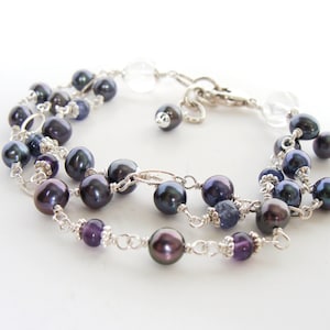 Multistrand black pearl bracelet with amethyst and sapphires, Argentium silver sterling silver, handmade, adjustable 6.5-7.25 inches