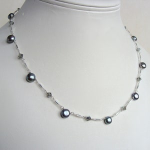Silver gray pearl and crystal necklace, top drilled silver peacock pearls Swarovski crystal strand, sterling silver, 18 inches, sparkle
