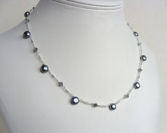 Silver gray pearl and crystal necklace, top drilled silver peacock pearls Swarovski crystal strand, sterling silver, 18 inches, sparkle