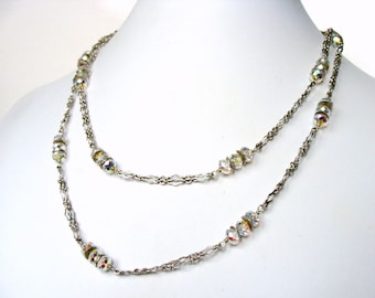 Heavy long sterling silver and Swarovski crystal station necklace, gorgeous worn long or doubled, 37 inches, timeless quality style handmade