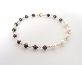 Black white pearl bracelet, goldfill, gold pearl bracelet, asymmetrical, wire wrapped, almost 8 inches, handmade