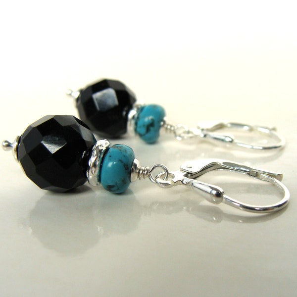 Turquoise black onyx earrings, smooth blue turquoise rondelle 10mm black onyx, sterling silver, lever back wires, striking