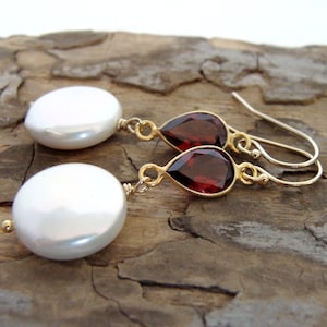 Garnet pearl earrings, genuine garnets over large white coin pearls, goldfill wires, elegant gemstone earrings, handmade