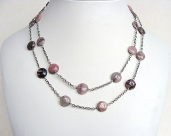 Rhodonite necklace, long station chain, sterling silver, pink and black stones, handmade, layer, Let Loose Jewelry