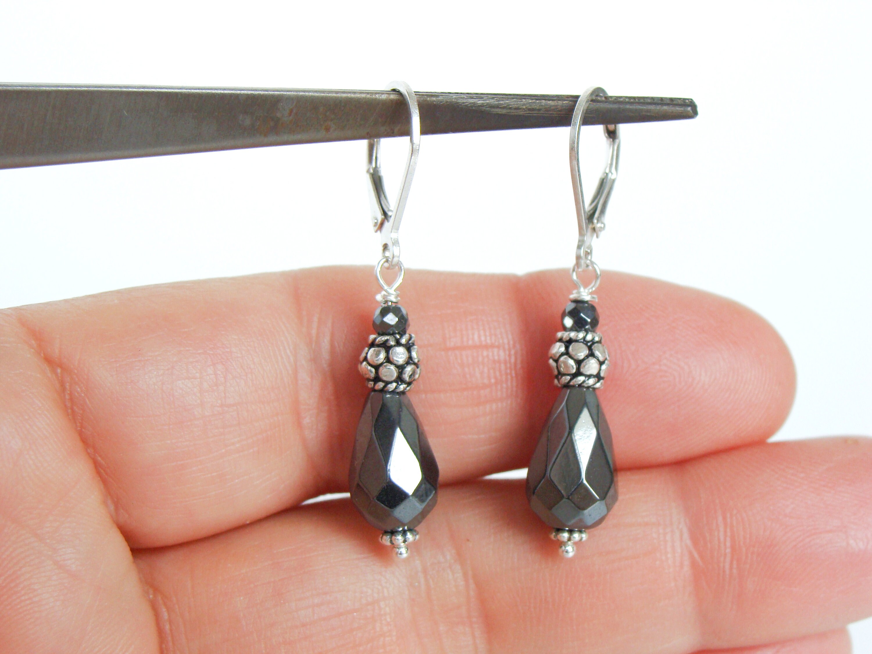 Pair Of Silver Plated Dangly Hematite Teardrop Leverback Hook Earrings – Handmade, UK