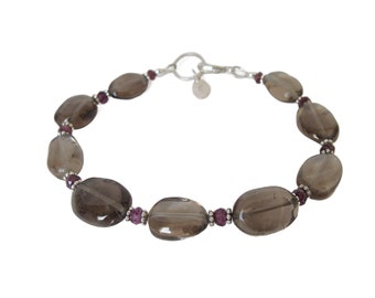 Smoky quartz bracelet, rhodolite garnet accents, sterling silver, almost 7.5 inches, handmade