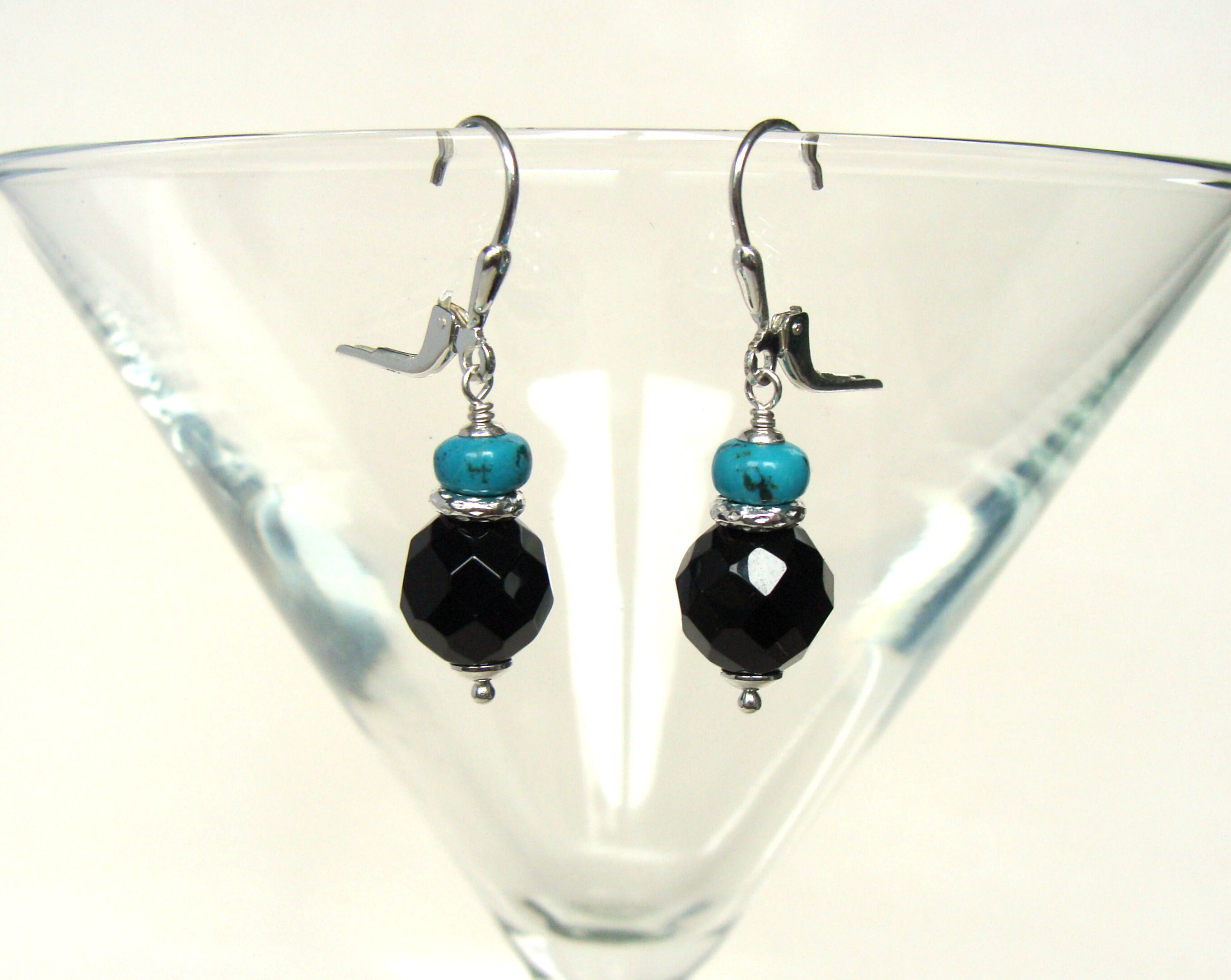 Barcelona Blue Turquoise and Black Onyx Linear Drop Golden Earrings