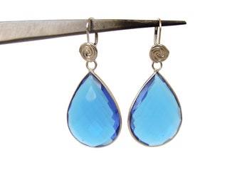 BIG blue quartz teardrop earrings, statement, sterling silver, showy bold style