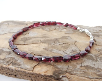 Garnet bracelet, rustic casual genuine garnets, strand style, sterling silver, everyday jewelry, stack bracelet