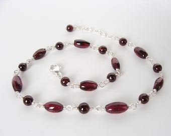 Garnet anklet, genuine red garnets, sterling silver, wire wrapped, adjustable 9.25-10.25 inches, handmade