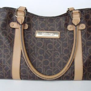 Vintage Handbag Calvin Klein Purse CK Logo Print Double Top Handles Brown Tan Excellent Condition Snap Close Gently Used Bag Etsy UK