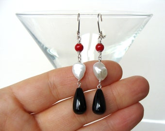 Coral keshi pearl onyx earrings, long red white black gemstone column earrings, sterling silver, handmade by Let Loose Jewelry