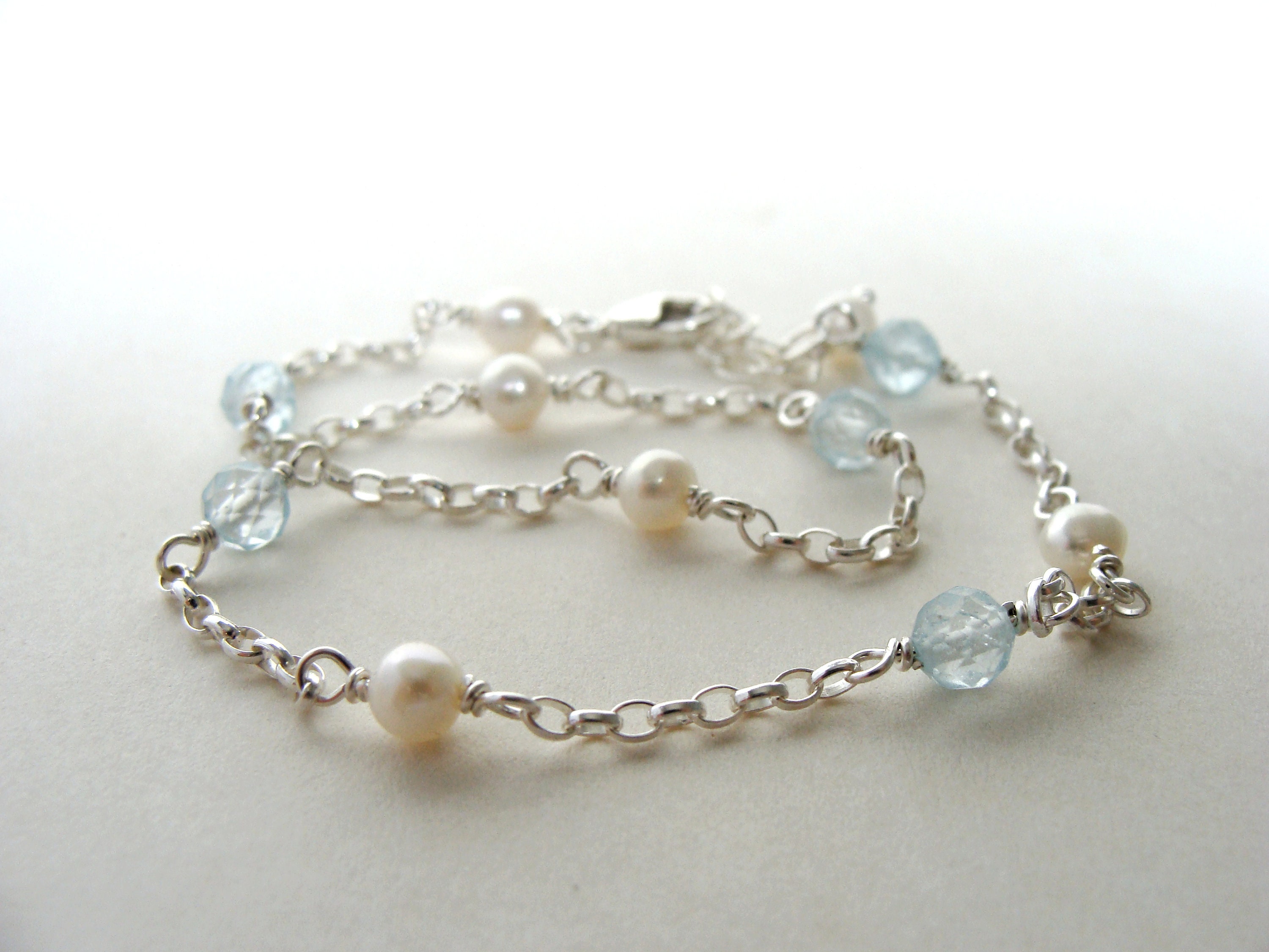 Blue Topaz Pearl Anklet: Sterling Silver Gemstone Ankle Bracelet