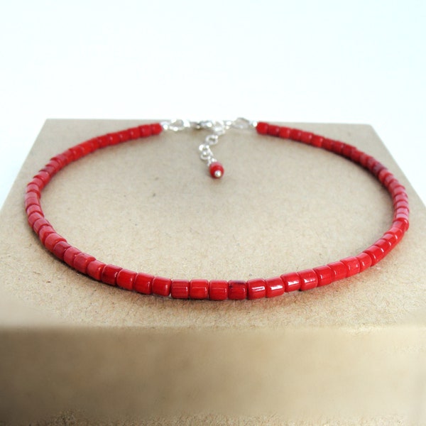 Red coral anklet, sterling silver, adjustable length, summer beach style, pop of red, handmade, Let Loose Jewelry, 9-10 inches