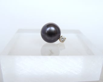 Single pearl stud earring, 9mm black button pearl diamond stud, 14k gold, vintage jewelry