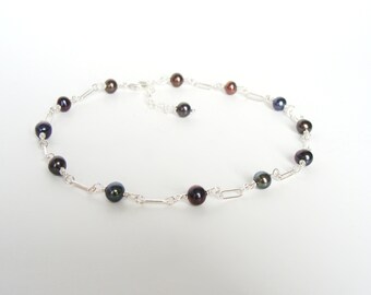 Black pearl anklet, sterling silver, dainty ankle bracelet, adjustable length, peacock pearls